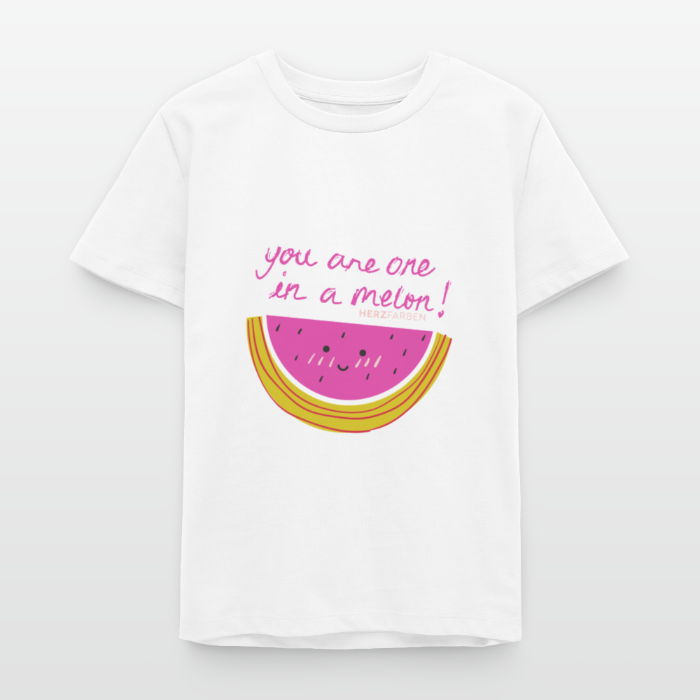 Herzfarben Kinder T-Shirt „You Are One in a Melon“ – Kindershirt aus 100 % Bio-Baumwolle (9-13 Jahre) - Weiß