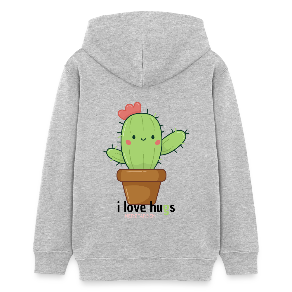 Kinder Hoodie – „I Love Hugs“ Kaktus Motiv – aus 100% Bio-Baumwolle / 9 - 13 Jahre - Grau meliert