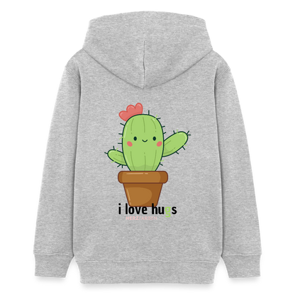 Kinder Hoodie – „I Love Hugs“ Kaktus Motiv – aus 100% Bio-Baumwolle / 9 - 13 Jahre - Grau meliert