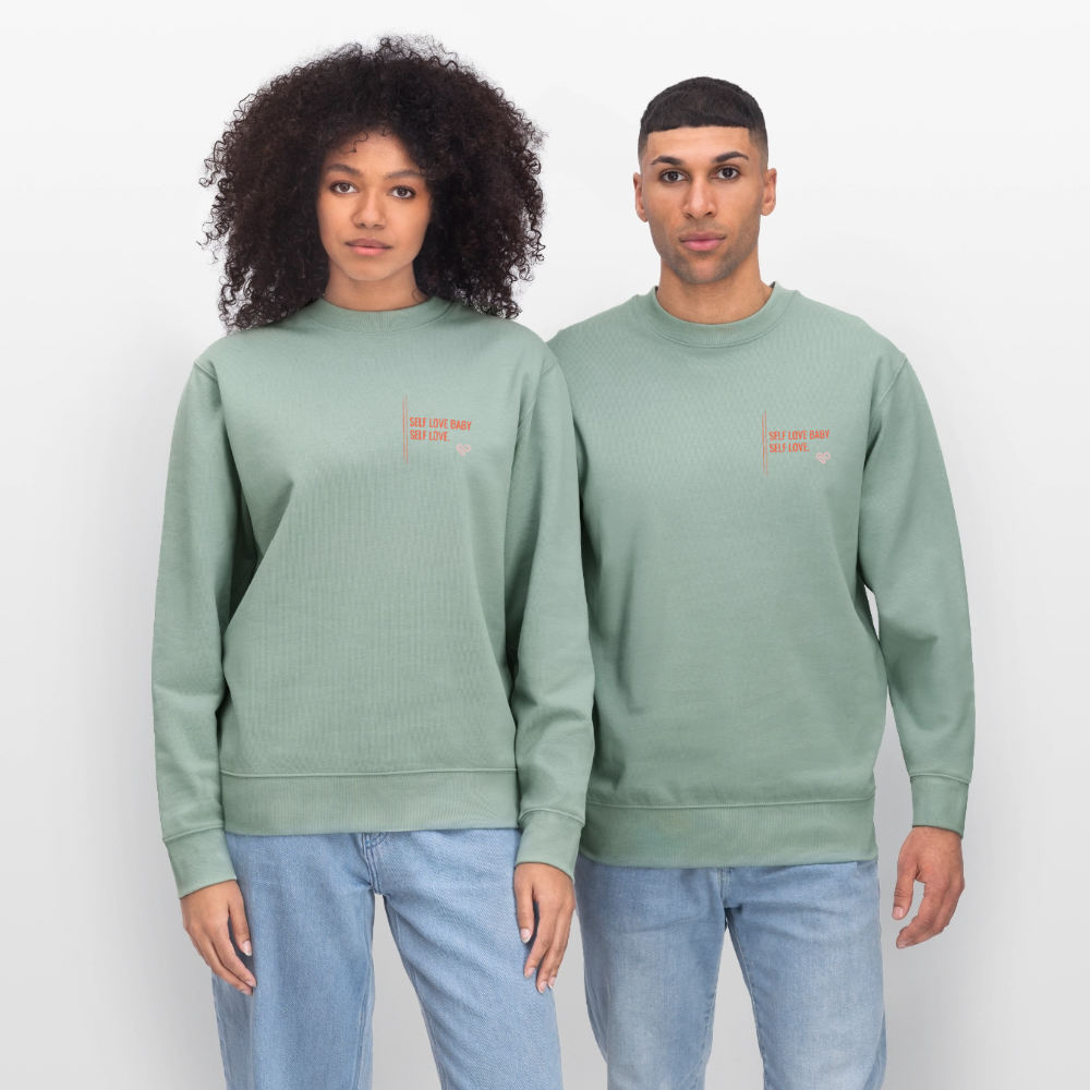 Sweatshirt „Self Love Baby, Self Love“ – Statement Sweater aus 100 % Bio-Baumwolle - Helles Graugrün