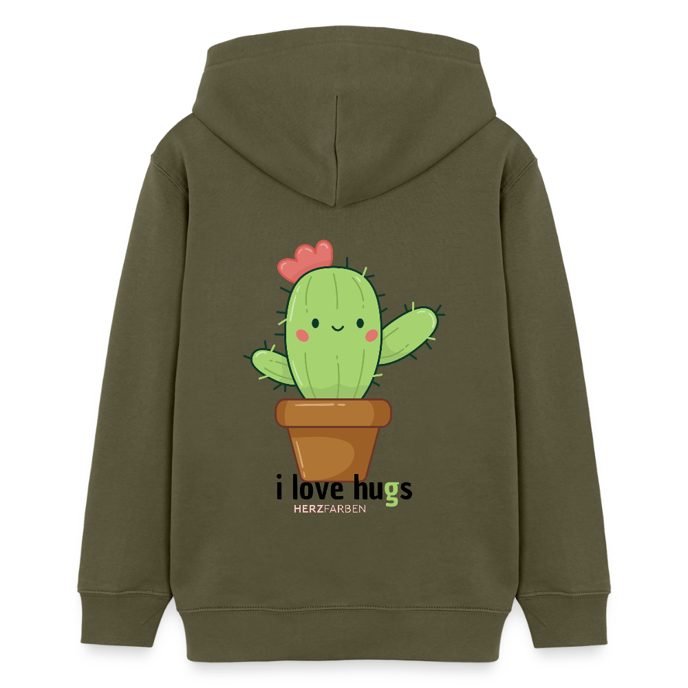 Kinder Hoodie – „I Love Hugs“ Kaktus Motiv – aus 100% Bio-Baumwolle / 9 - 13 Jahre - Khaki