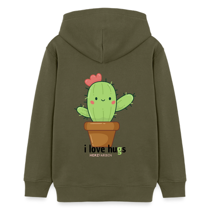 Kinder Hoodie – „I Love Hugs“ Kaktus Motiv – aus 100% Bio-Baumwolle / 9 - 13 Jahre - Khaki
