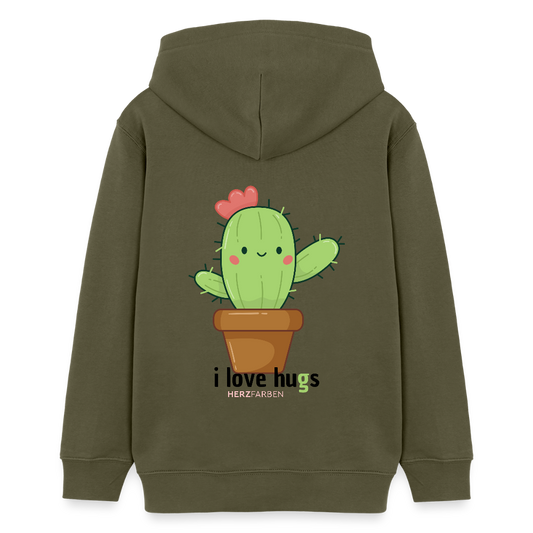 Kinder Hoodie – „I Love Hugs“ Kaktus Motiv – aus 100% Bio-Baumwolle / 9 - 13 Jahre - Khaki
