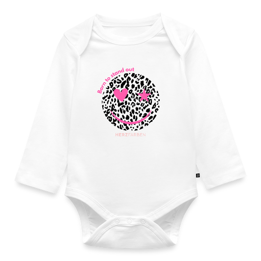 Born to stand out Baby Bio Langarm Body – Leo Smiley Babybody in Pink & Schwarz - Weiß
