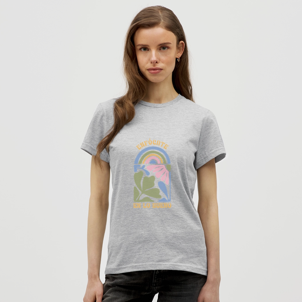 Enfócate en lo Bueno T-Shirt – Boho Retro Shirt | Spanisches Positive Vibes Design mit Regenbogen & Blumen - Grau meliert