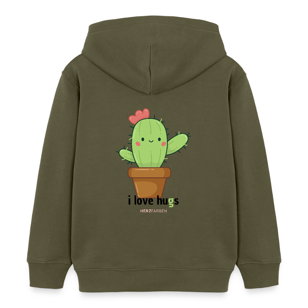 Kinder Hoodie – „I Love Hugs“ Kaktus Motiv – aus 100% Bio-Baumwolle / 3 - 8 Jahre - Khaki