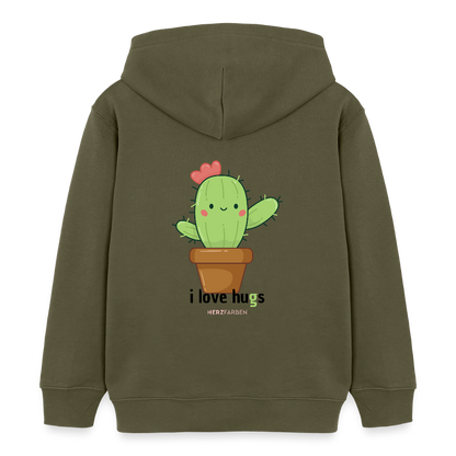 Kinder Hoodie – „I Love Hugs“ Kaktus Motiv – aus 100% Bio-Baumwolle / 3 - 8 Jahre - Khaki