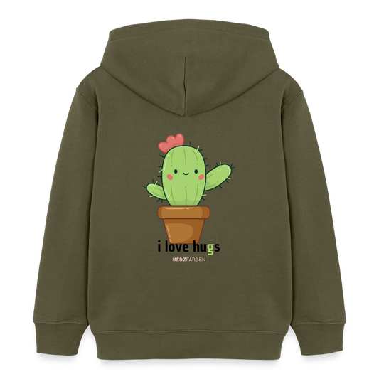 Kinder Hoodie – „I Love Hugs“ Kaktus Motiv – aus 100% Bio-Baumwolle / 3 - 8 Jahre - Khaki