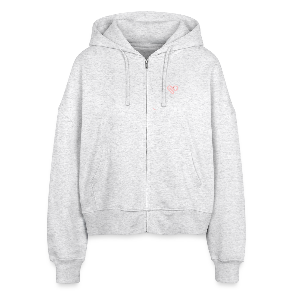 Worry Less Hoodie – Oversize Zip Hoodie aus Bio-Baumwolle in Grau mit Herz-Motiv - Weiß meliert