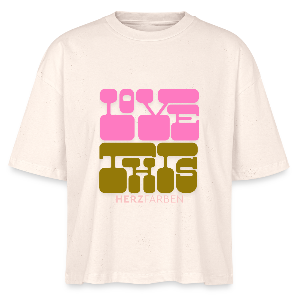 Herzfarben Oversize Damen T-Shirt „LOVE IS THIS“ – Statement Shirt aus Bio-Baumwolle im Retro Look - Naturroh