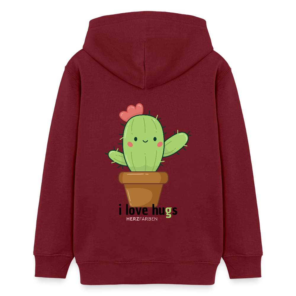 Kinder Hoodie – „I Love Hugs“ Kaktus Motiv – aus 100% Bio-Baumwolle / 9 - 13 Jahre - Burgunderrot