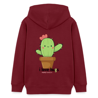 Kinder Hoodie – „I Love Hugs“ Kaktus Motiv – aus 100% Bio-Baumwolle / 9 - 13 Jahre - Burgunderrot