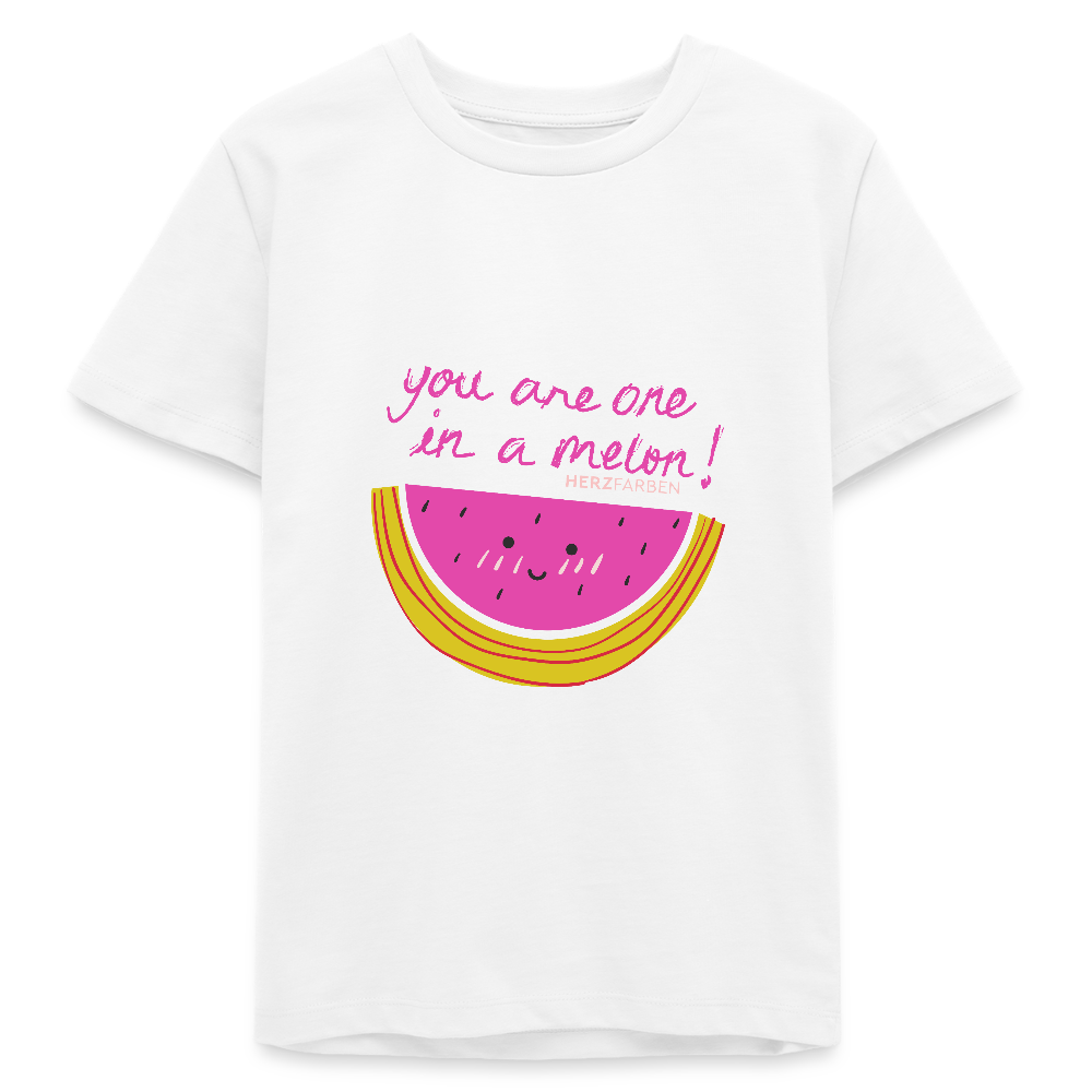 Herzfarben Kinder T-Shirt „You Are One in a Melon“ – Kindershirt aus 100 % Bio-Baumwolle (9-13 Jahre) - Weiß