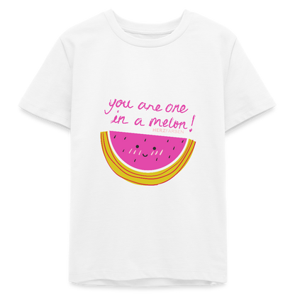 Herzfarben Kinder T-Shirt „You Are One in a Melon“ – Kindershirt aus 100 % Bio-Baumwolle (9-13 Jahre) - Weiß