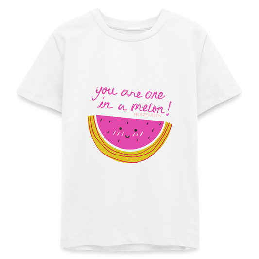 Herzfarben Kinder T-Shirt „You Are One in a Melon“ – Kindershirt aus 100 % Bio-Baumwolle (9-13 Jahre) - Weiß
