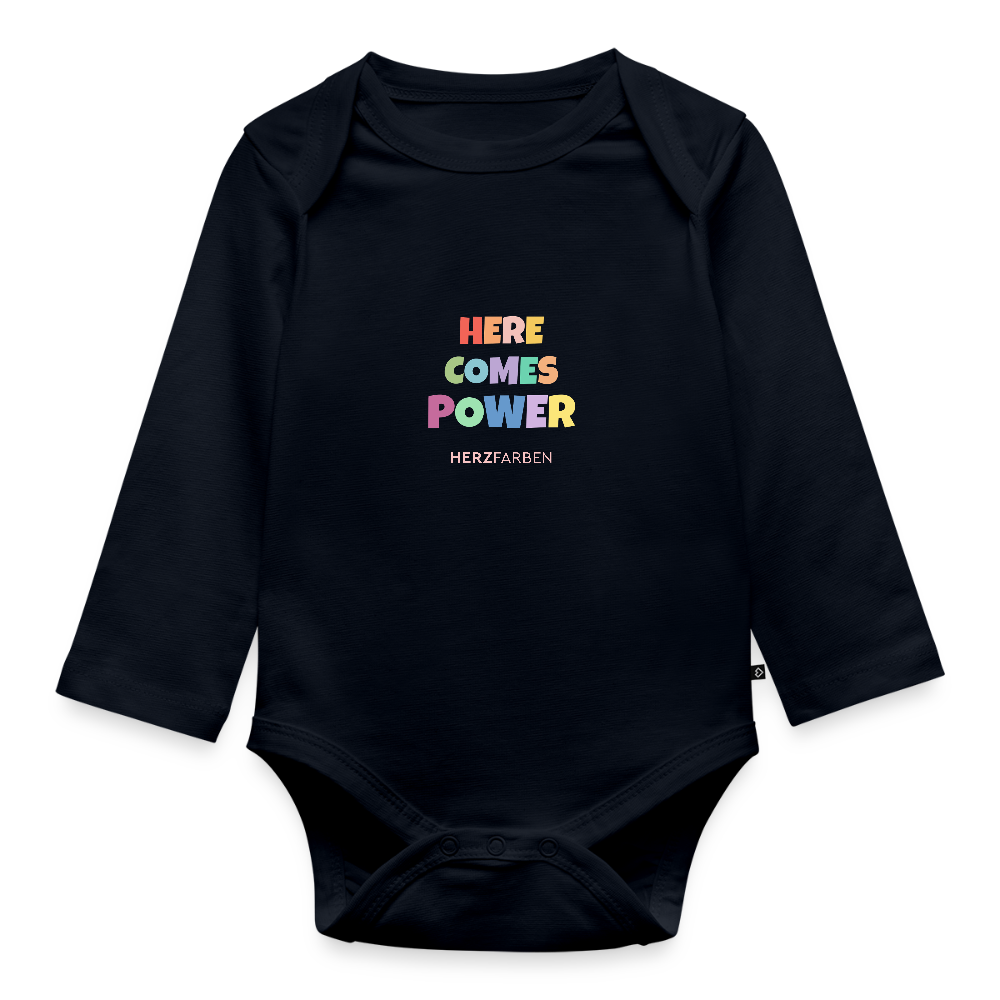 Here Comes Power Baby Bio Langarm Body – Bunter Babybody mit Regenbogen-Power - Navy