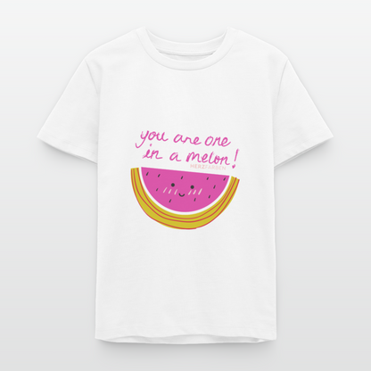Herzfarben Kinder T-Shirt „You Are One in a Melon“ – Kindershirt aus 100 % Bio-Baumwolle (9-13 Jahre) - Weiß
