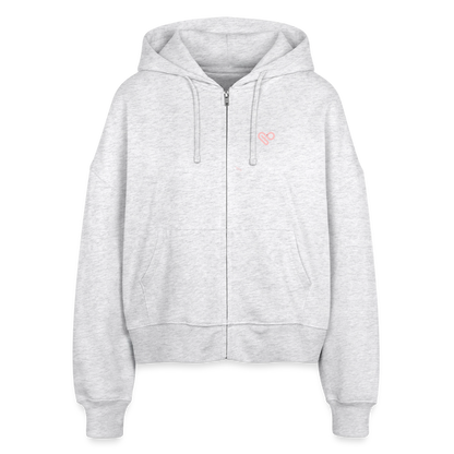 Worry Less Hoodie – Oversize Zip Hoodie aus Bio-Baumwolle in Grau mit Herz-Motiv - Weiß meliert