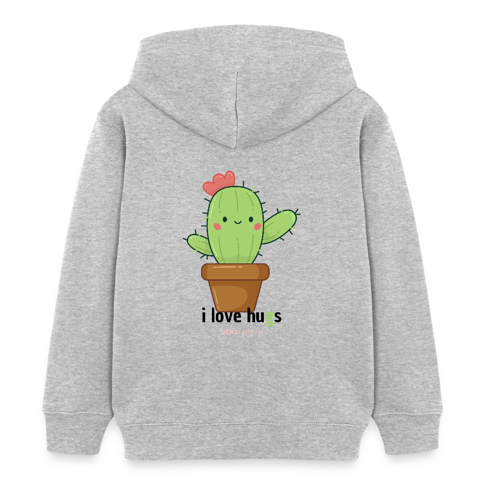 Kinder Hoodie – „I Love Hugs“ Kaktus Motiv – aus 100% Bio-Baumwolle / 3 - 8 Jahre - Grau meliert