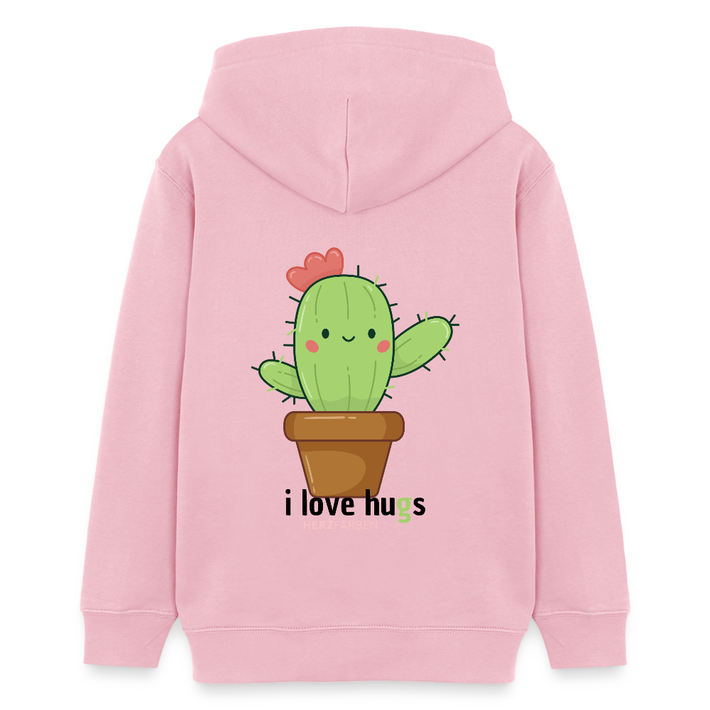 Kinder Hoodie – „I Love Hugs“ Kaktus Motiv – aus 100% Bio-Baumwolle / 9 - 13 Jahre - Hellrosa