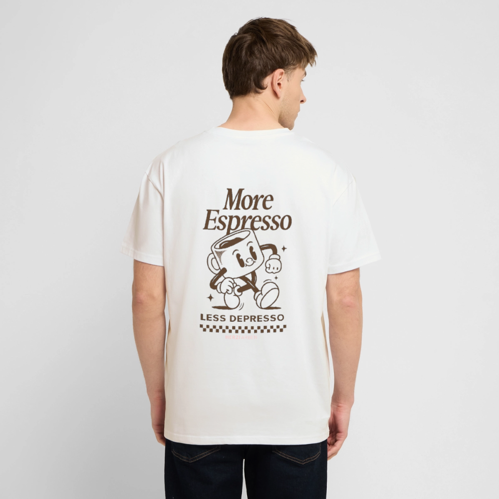 More Espresso Less Depresso T-Shirt aus 100 % Bio-Baumwolle | Lustiges Kaffee Shirt nachhaltig - Weiß
