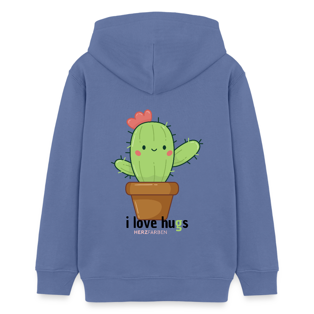 Kinder Hoodie – „I Love Hugs“ Kaktus Motiv – aus 100% Bio-Baumwolle / 9 - 13 Jahre - Blau
