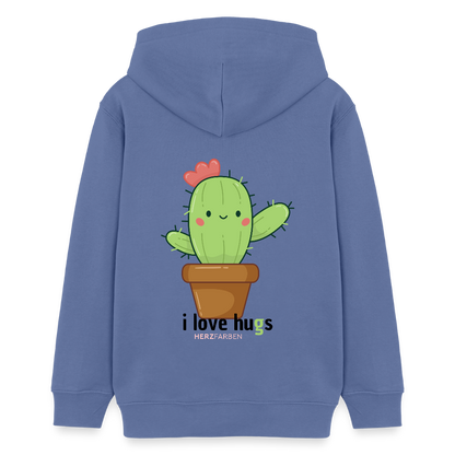 Kinder Hoodie – „I Love Hugs“ Kaktus Motiv – aus 100% Bio-Baumwolle / 9 - 13 Jahre - Blau