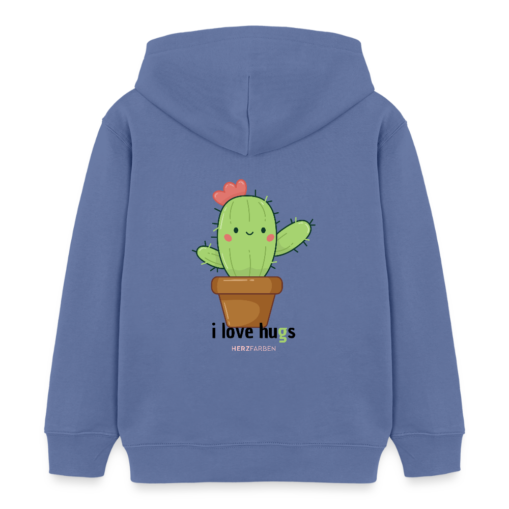 Kinder Hoodie – „I Love Hugs“ Kaktus Motiv – aus 100% Bio-Baumwolle / 3 - 8 Jahre - Blau