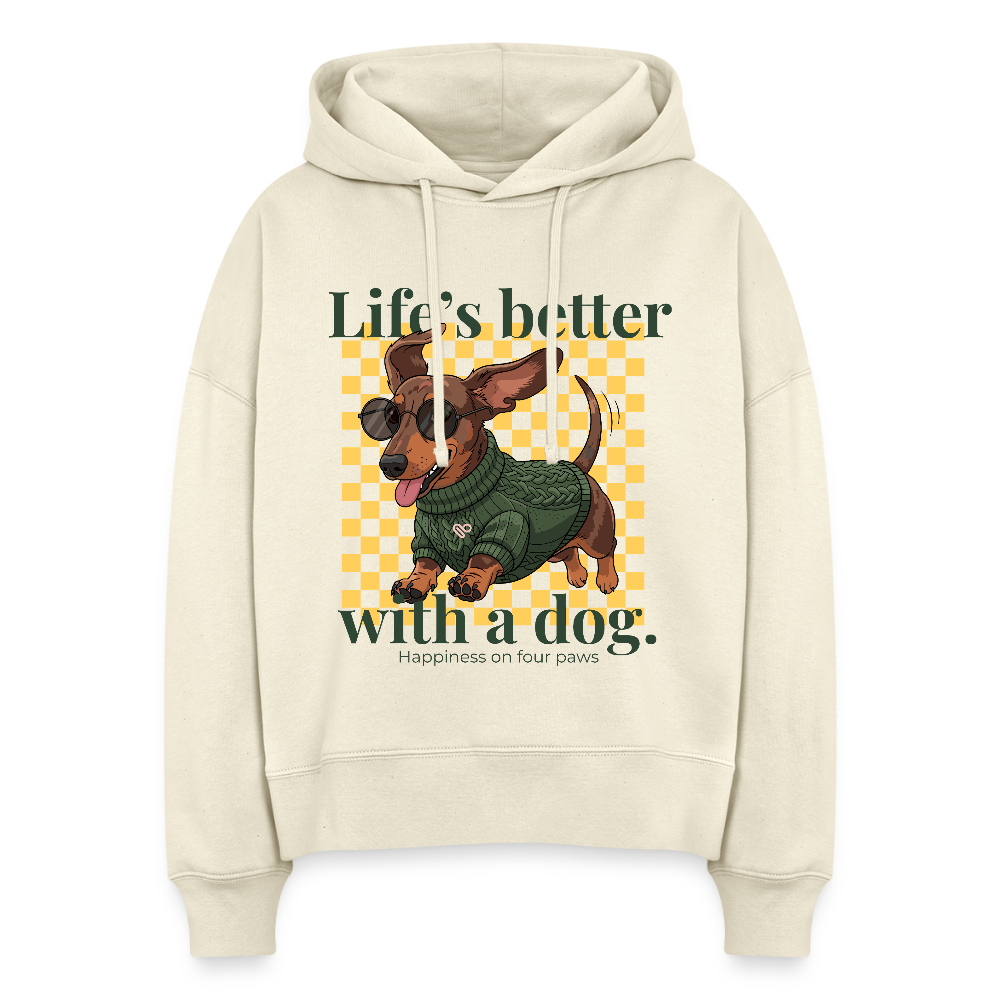 Herzfarben Damen Hoodie – Life’s Better with a Dog | 100 % Bio-Baumwolle | Hunde-Lover Hoodie - Naturroh