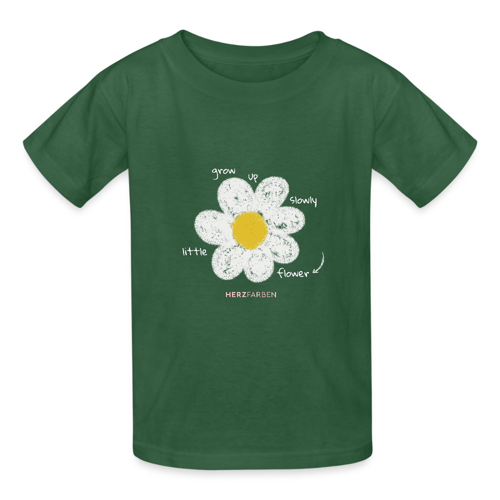 Grow Up Slowly Little Flower Kinder T-Shirt – Nachhaltiges Bio-Shirt mit Blümchen-Design 🌼👕 - Flaschengrün