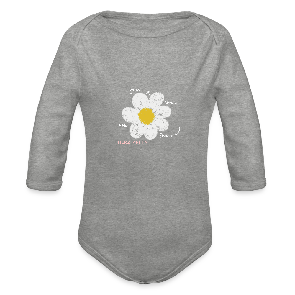 Grow up little flower Baby Bio Langarm Body – Niedlicher Babybody mit Blümchen-Print - Grau meliert