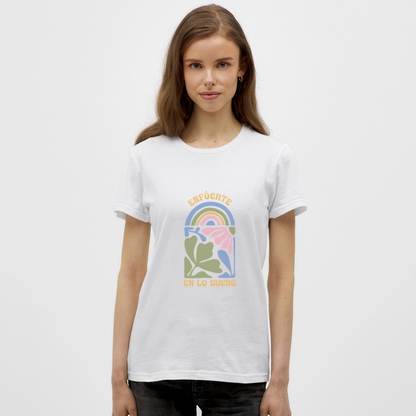 Enfócate en lo Bueno T-Shirt – Boho Retro Shirt | Spanisches Positive Vibes Design mit Regenbogen & Blumen - Weiß