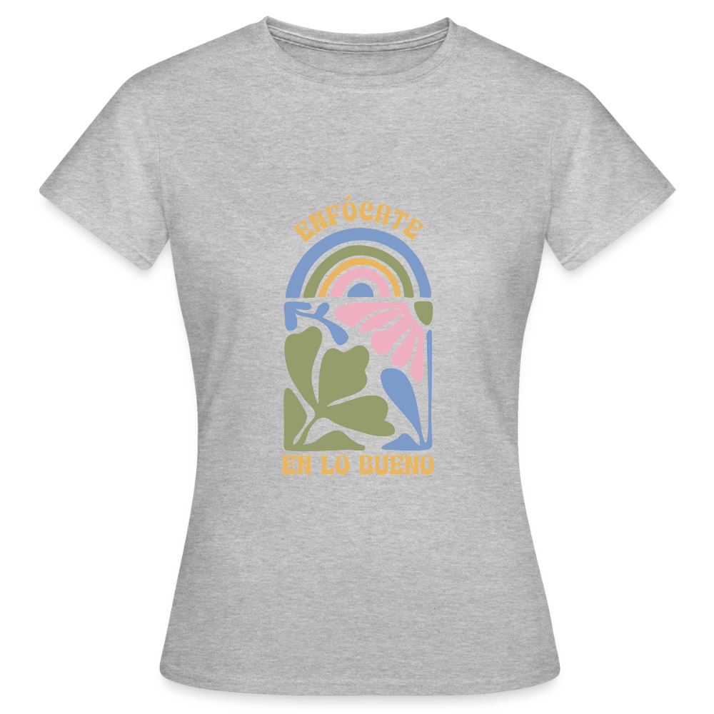 Enfócate en lo Bueno T-Shirt – Boho Retro Shirt | Spanisches Positive Vibes Design mit Regenbogen & Blumen - Grau meliert