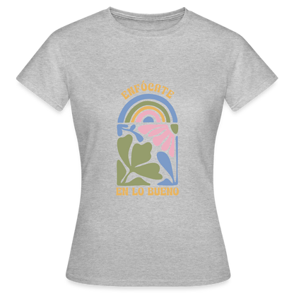 Enfócate en lo Bueno T-Shirt – Boho Retro Shirt | Spanisches Positive Vibes Design mit Regenbogen & Blumen - Grau meliert