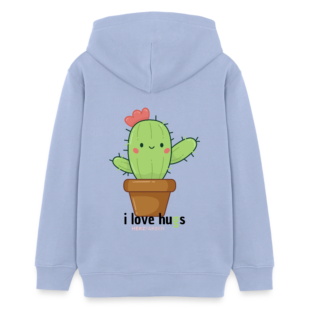 Kinder Hoodie – „I Love Hugs“ Kaktus Motiv – aus 100% Bio-Baumwolle / 9 - 13 Jahre - Sky