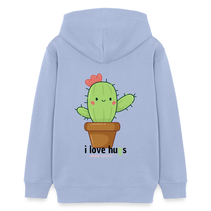 Kinder Hoodie – „I Love Hugs“ Kaktus Motiv – aus 100% Bio-Baumwolle / 9 - 13 Jahre - Sky