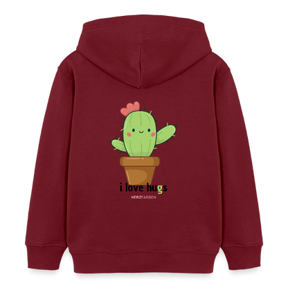 Kinder Hoodie – „I Love Hugs“ Kaktus Motiv – aus 100% Bio-Baumwolle / 3 - 8 Jahre - Burgunderrot