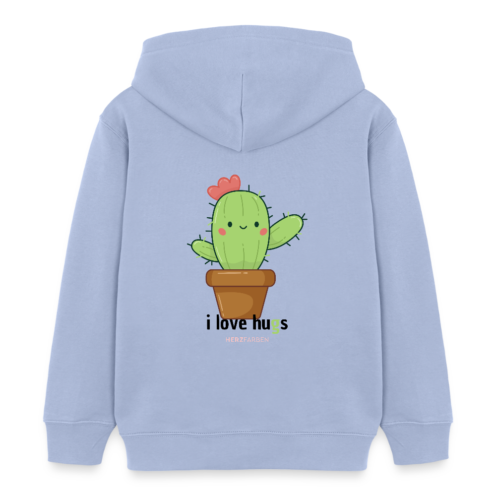 Kinder Hoodie – „I Love Hugs“ Kaktus Motiv – aus 100% Bio-Baumwolle / 3 - 8 Jahre - Sky