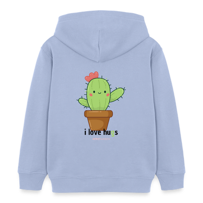 Kinder Hoodie – „I Love Hugs“ Kaktus Motiv – aus 100% Bio-Baumwolle / 3 - 8 Jahre - Sky
