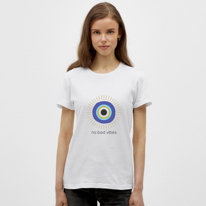 No Bad Vibes T-Shirt – Schutzsymbol Evil Eye Design | Spirituelles Statement Shirt für Positive Energy - Weiß
