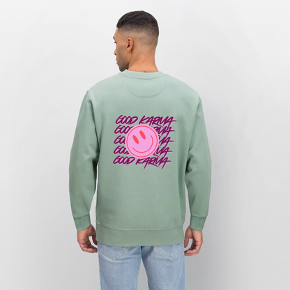Sweatshirt „Good Karma“ – Statement Sweater aus 100 % Bio-Baumwolle - Helles Graugrün