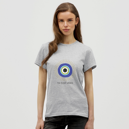 No Bad Vibes T-Shirt – Schutzsymbol Evil Eye Design | Spirituelles Statement Shirt für Positive Energy - Grau meliert