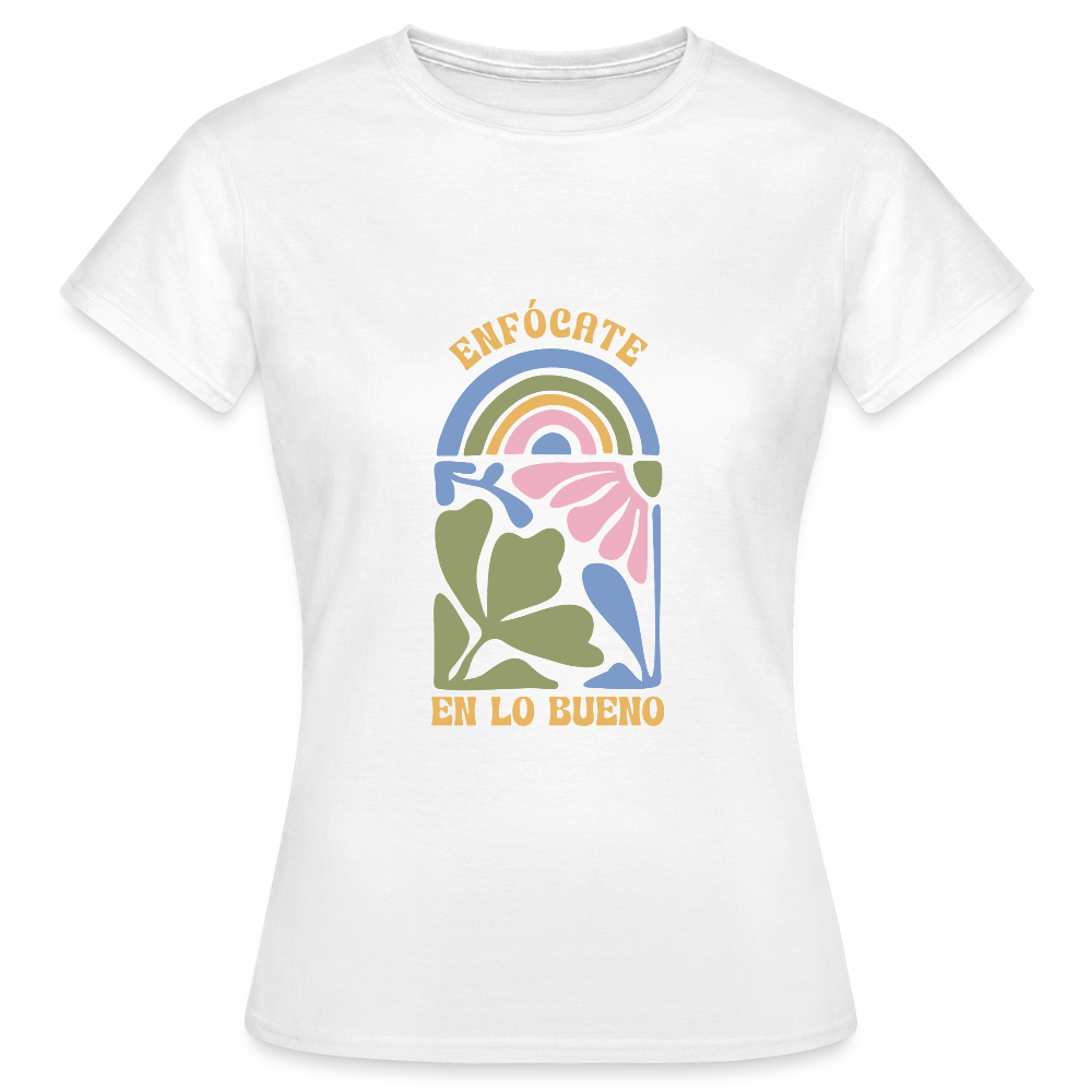 Enfócate en lo Bueno T-Shirt – Boho Retro Shirt | Spanisches Positive Vibes Design mit Regenbogen & Blumen - Weiß
