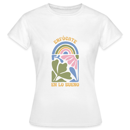 Enfócate en lo Bueno T-Shirt – Boho Retro Shirt | Spanisches Positive Vibes Design mit Regenbogen & Blumen - Weiß