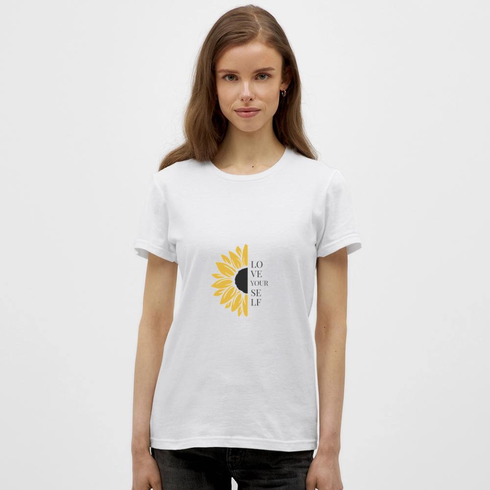 Love Yourself T-Shirt – Sonnenblumen Design | Selbstliebe & Positives Statement Shirt für mehr Selbstbewusstsein - Weiß