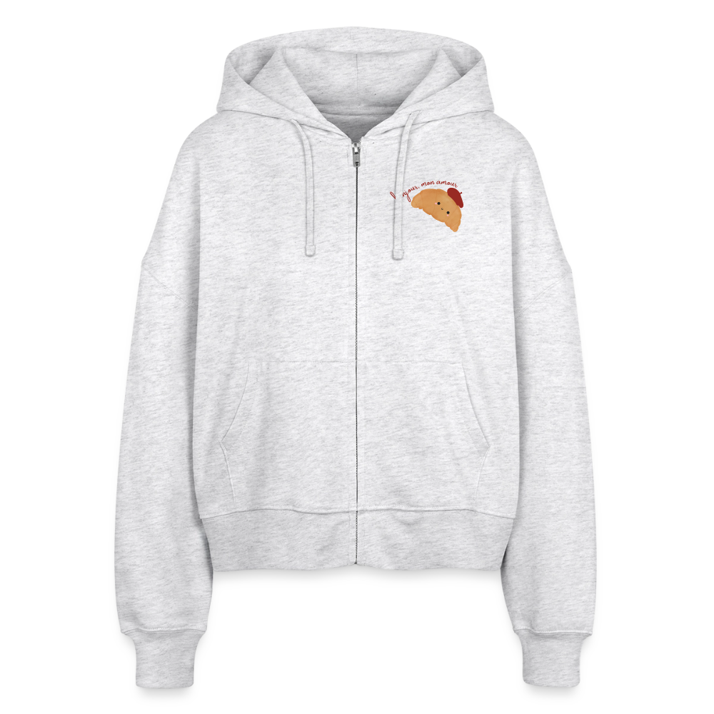 Zipp Hoodie „Bonjour, mon amour“ 🥐❤️ | Französischer Style | Bio-Baumwolle - Weiß meliert