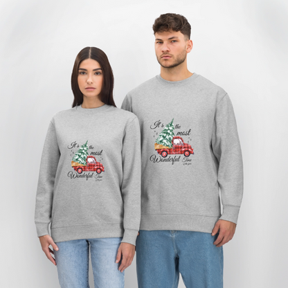 Weihnachts-Sweatshirt „Red Truck with Tree“ – 100% Bio-Baumwolle, nachhaltig & gemütlich 🎄✨ - Grau meliert