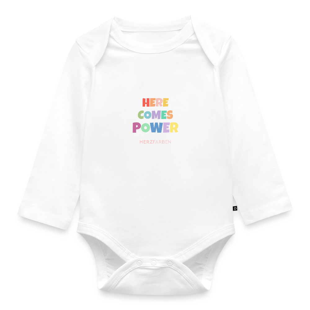 Here Comes Power Baby Bio Langarm Body – Bunter Babybody mit Regenbogen-Power - Weiß