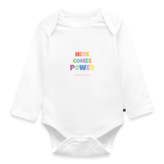 Here Comes Power Baby Bio Langarm Body – Bunter Babybody mit Regenbogen-Power - Weiß