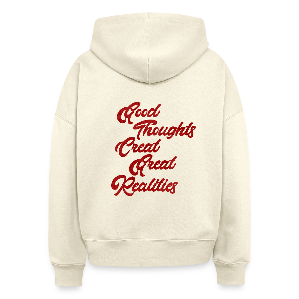 „Good Thoughts Create Great Realities“ – Oversized Kapuzenpullover aus Bio-Baumwolle - Weißgrau